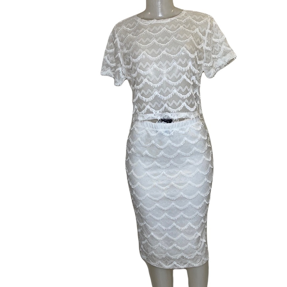White Lace Two-Piece Crop Top & Pencil Skirt Set Size M
